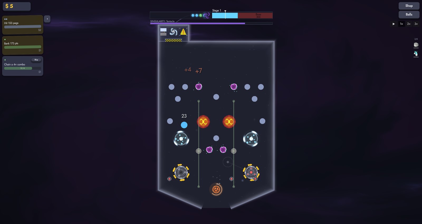 An early board: a handful of pegs and bumpers above the waiting void.