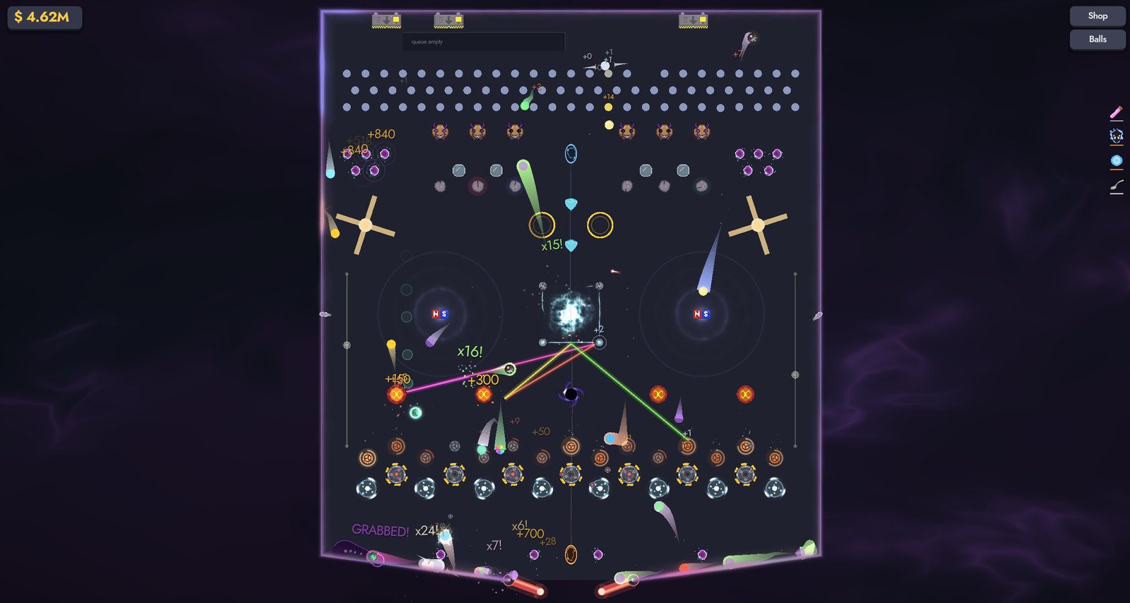 A late-game board packed with pieces, multipliers and payouts firing at once.
