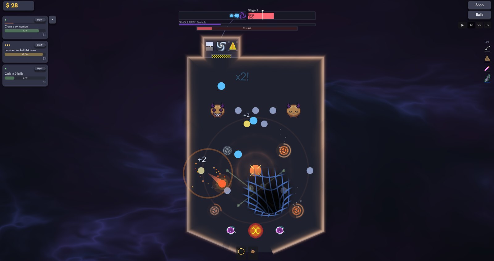 A boss encounter, its health bar draining above the board.