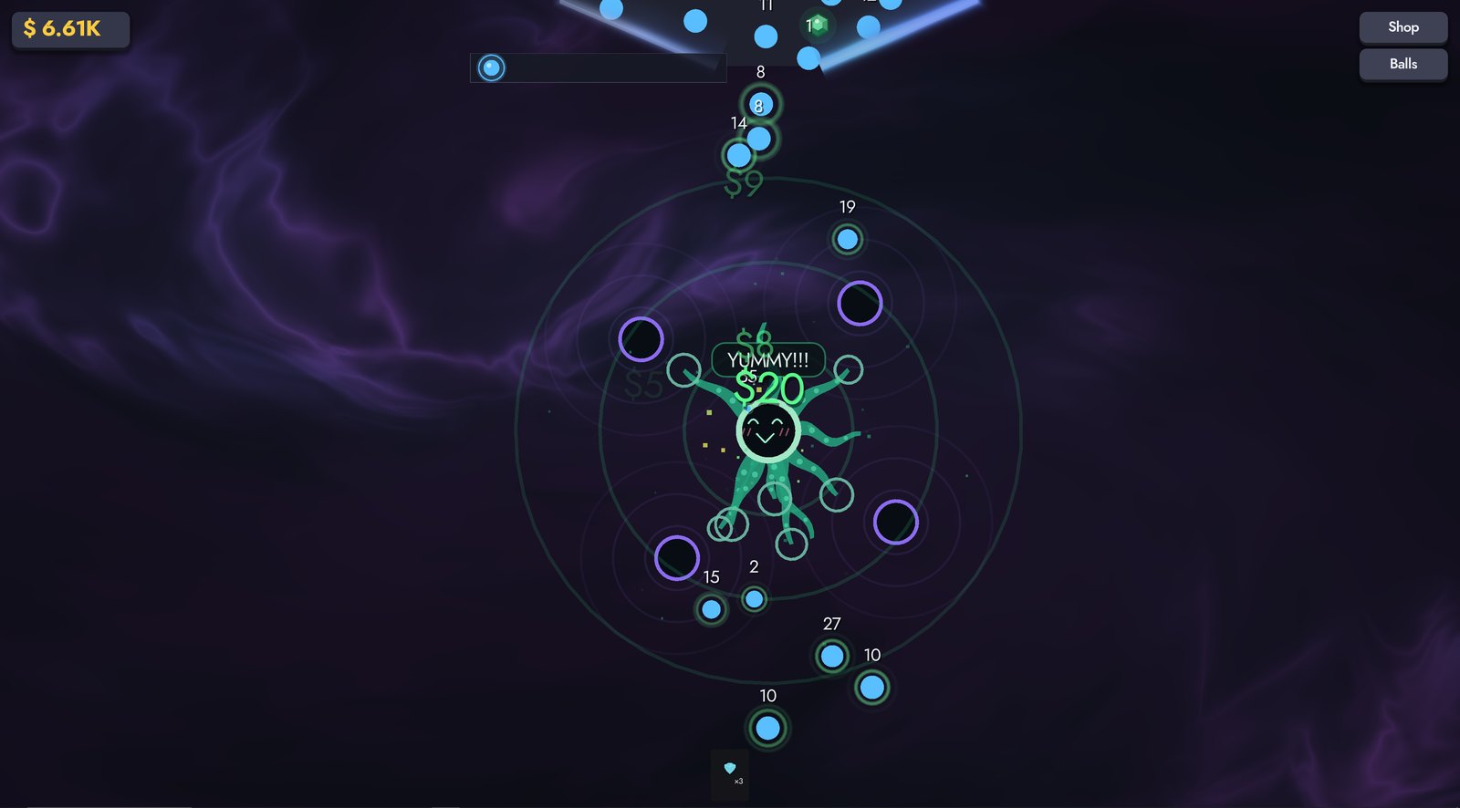 The void opens below the board and swallows the drop as it feeds.